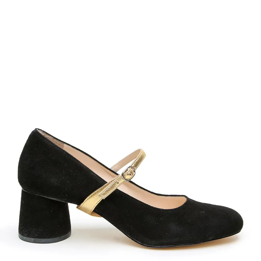 Clearance Alterre Black Suede Ballet Pump + Gold Twiggy Strap