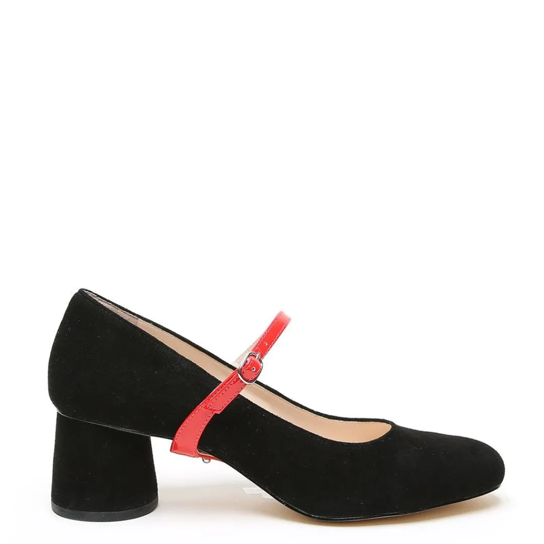 Clearance Alterre Black Suede Ballet Pump + Red Gloss Twiggy Strap