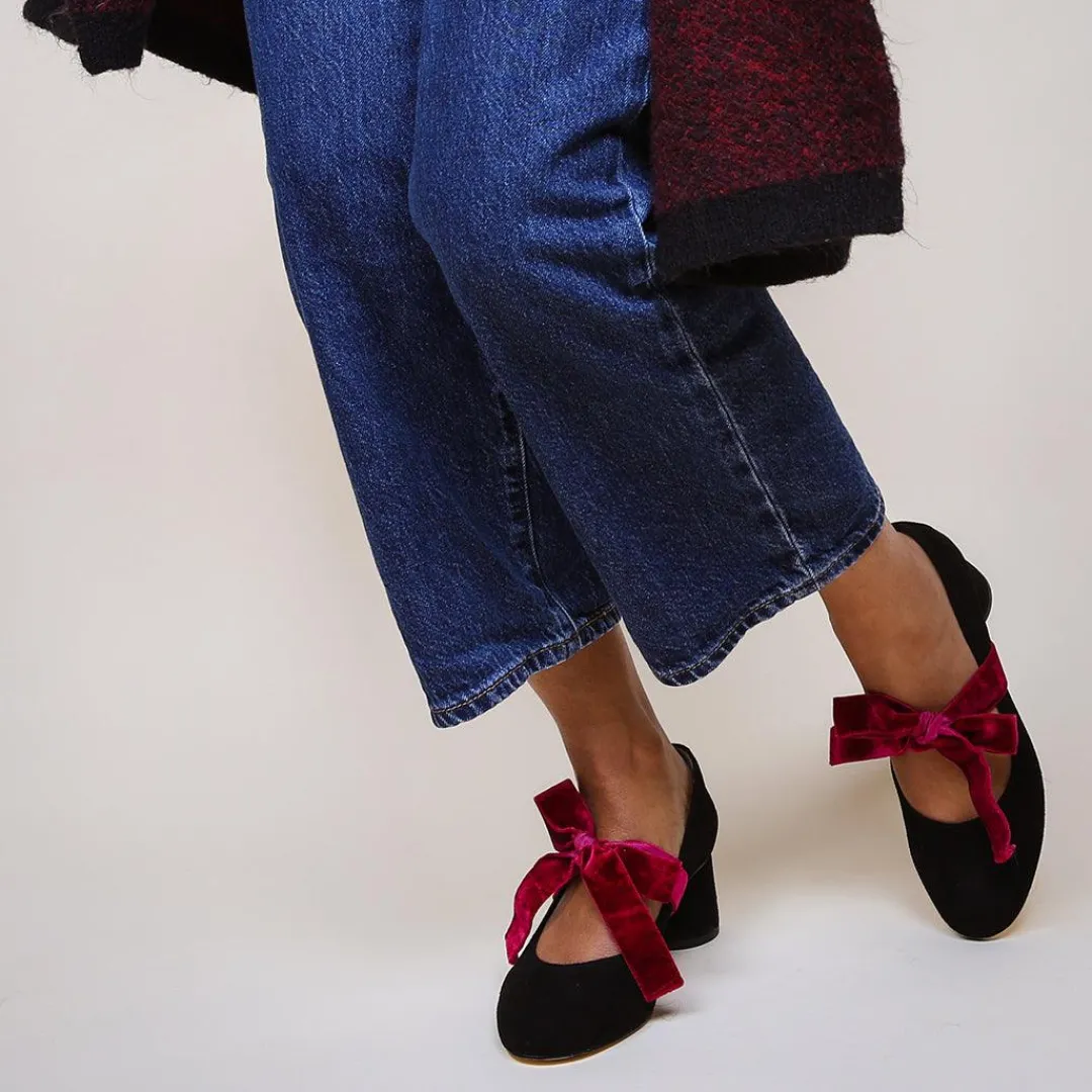 Online Alterre Black Suede Ballet Pump + Red Velvet Marie Strap