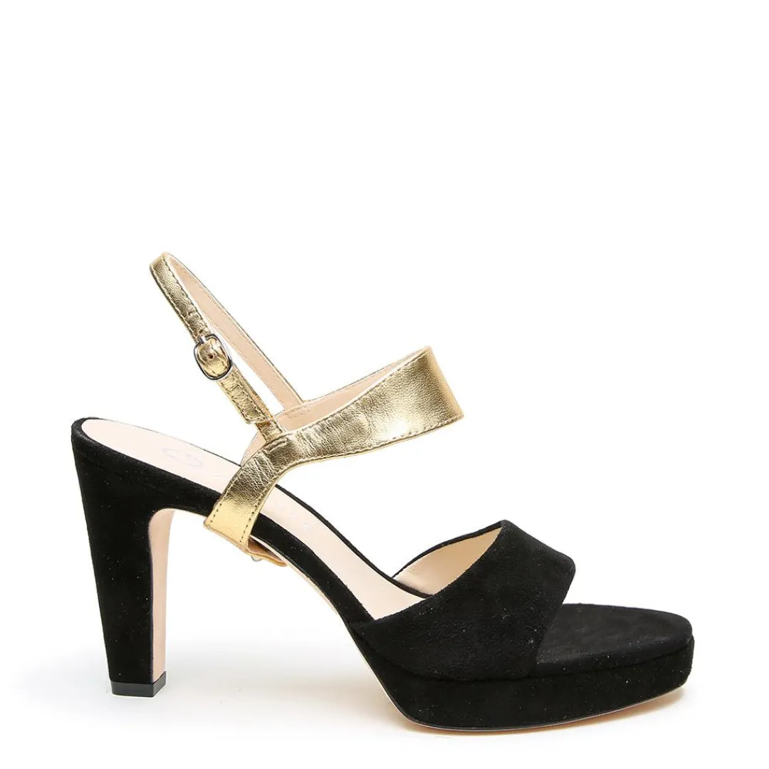 Fashion Alterre Black Suede Lo Platform + Gold Elsie Strap