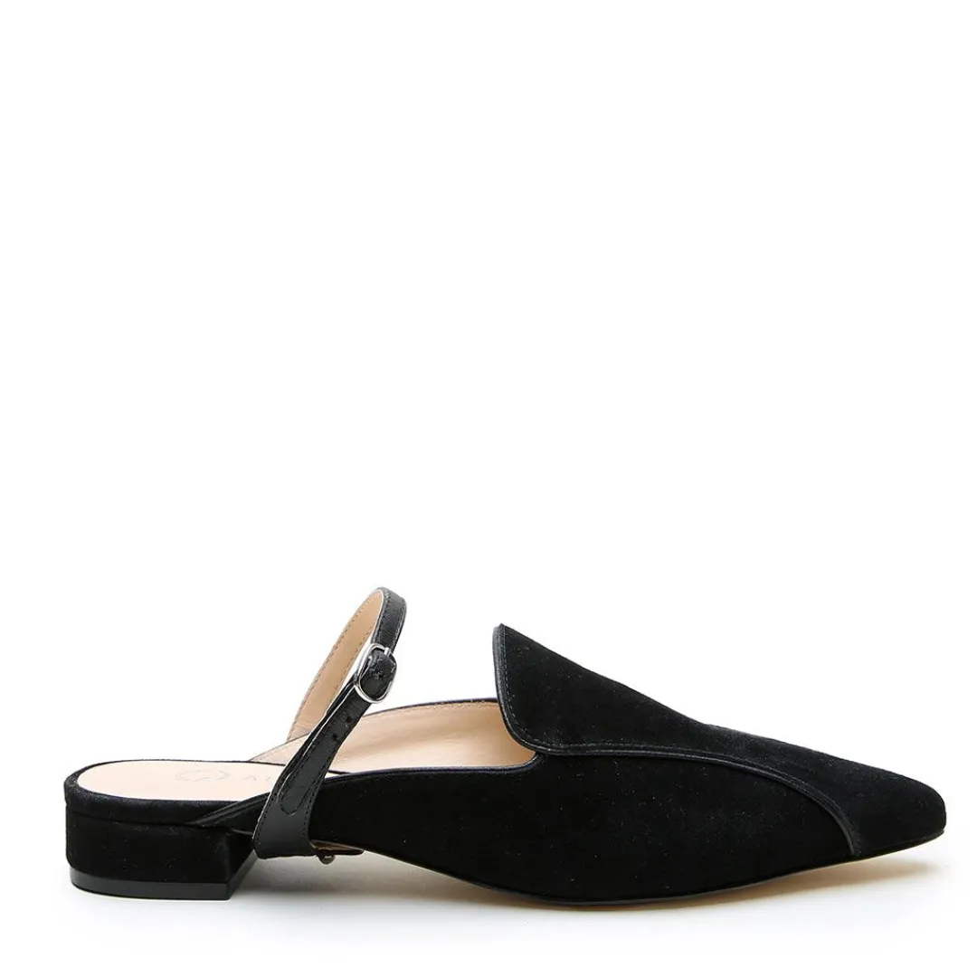 Fashion Alterre Black Suede Pointed Loafer + Black Twiggy Strap