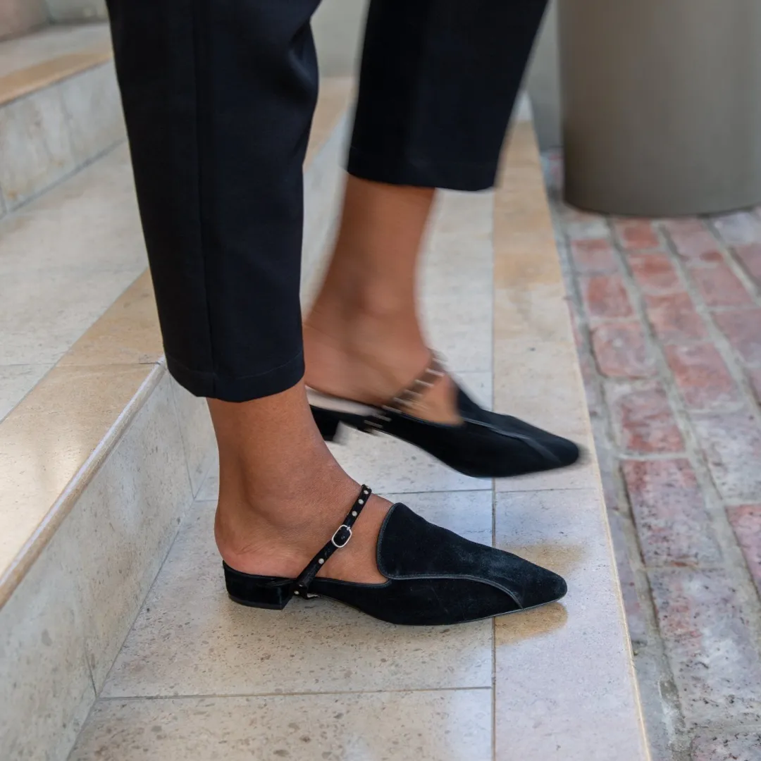 Store Alterre Black Suede Pointed Loafer + Studded Twiggy Strap