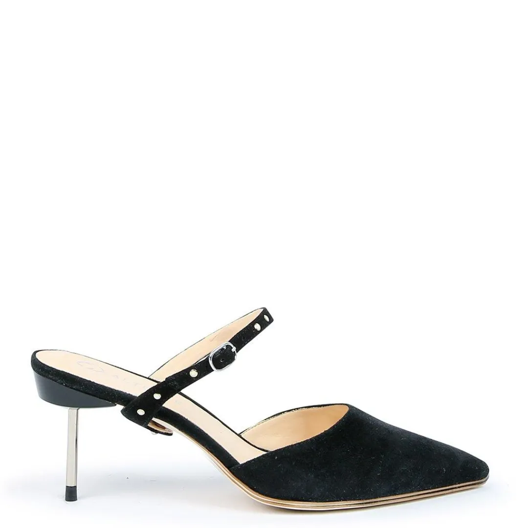 Best Alterre Black Suede Stiletto + Studded Black Twiggy Strap