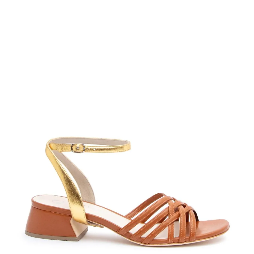 New Alterre Cognac Bell Sandal + Gold Marilyn Strap