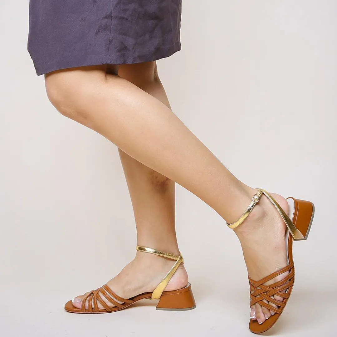 New Alterre Cognac Bell Sandal + Gold Marilyn Strap