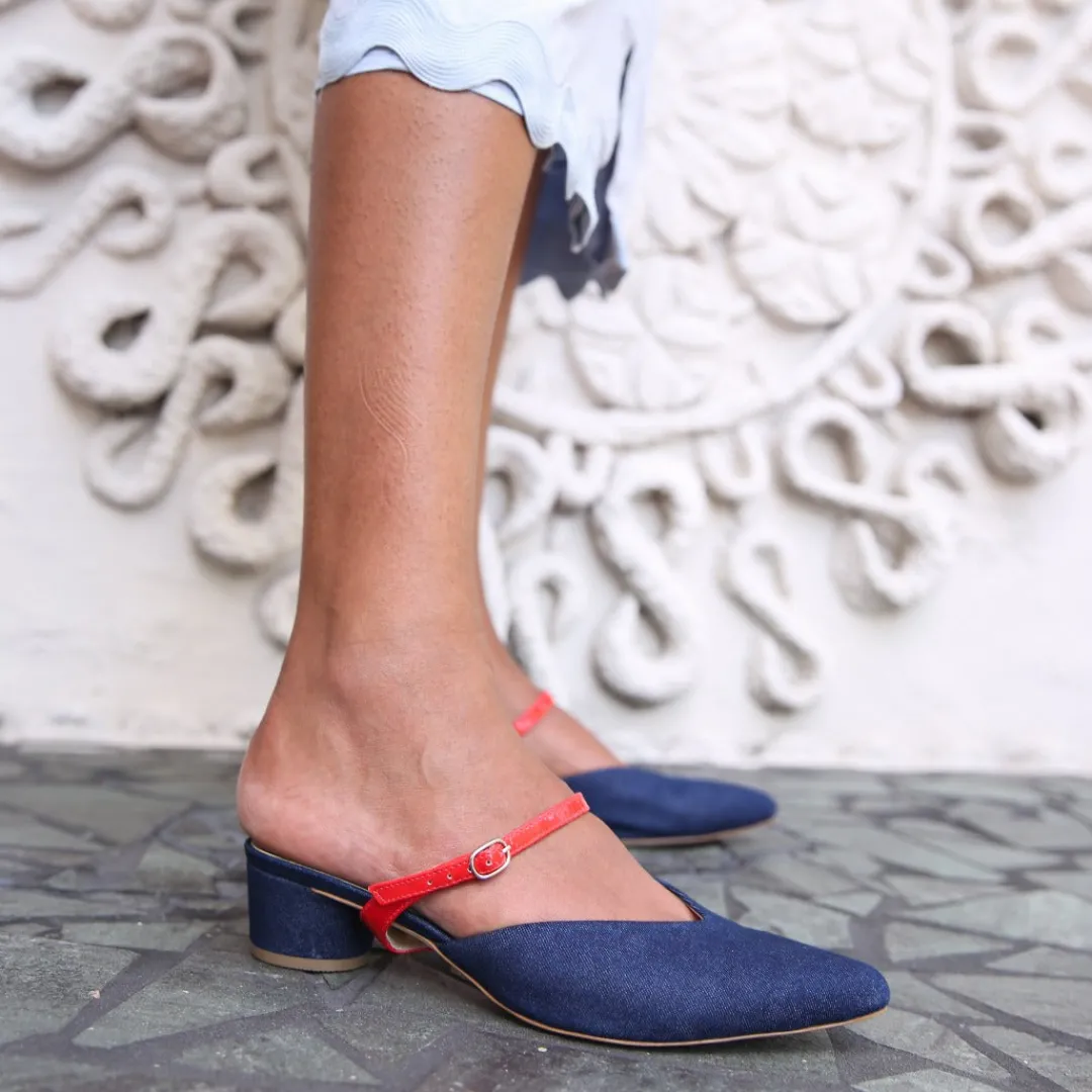 Shop Alterre Denim V Slide + Red Gloss Twiggy Strap