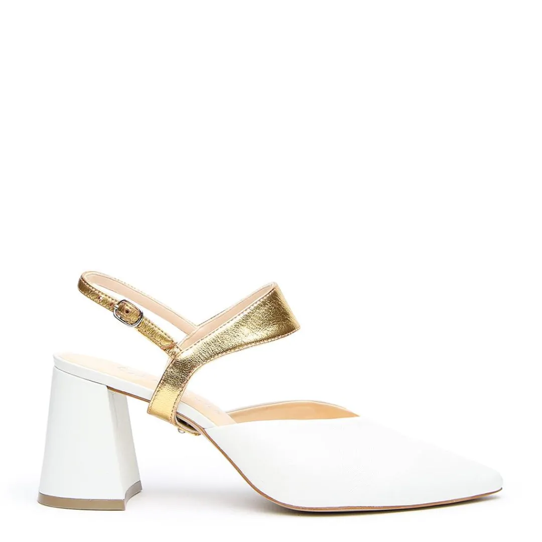 Discount Alterre White V Mule + Gold Elsie Strap